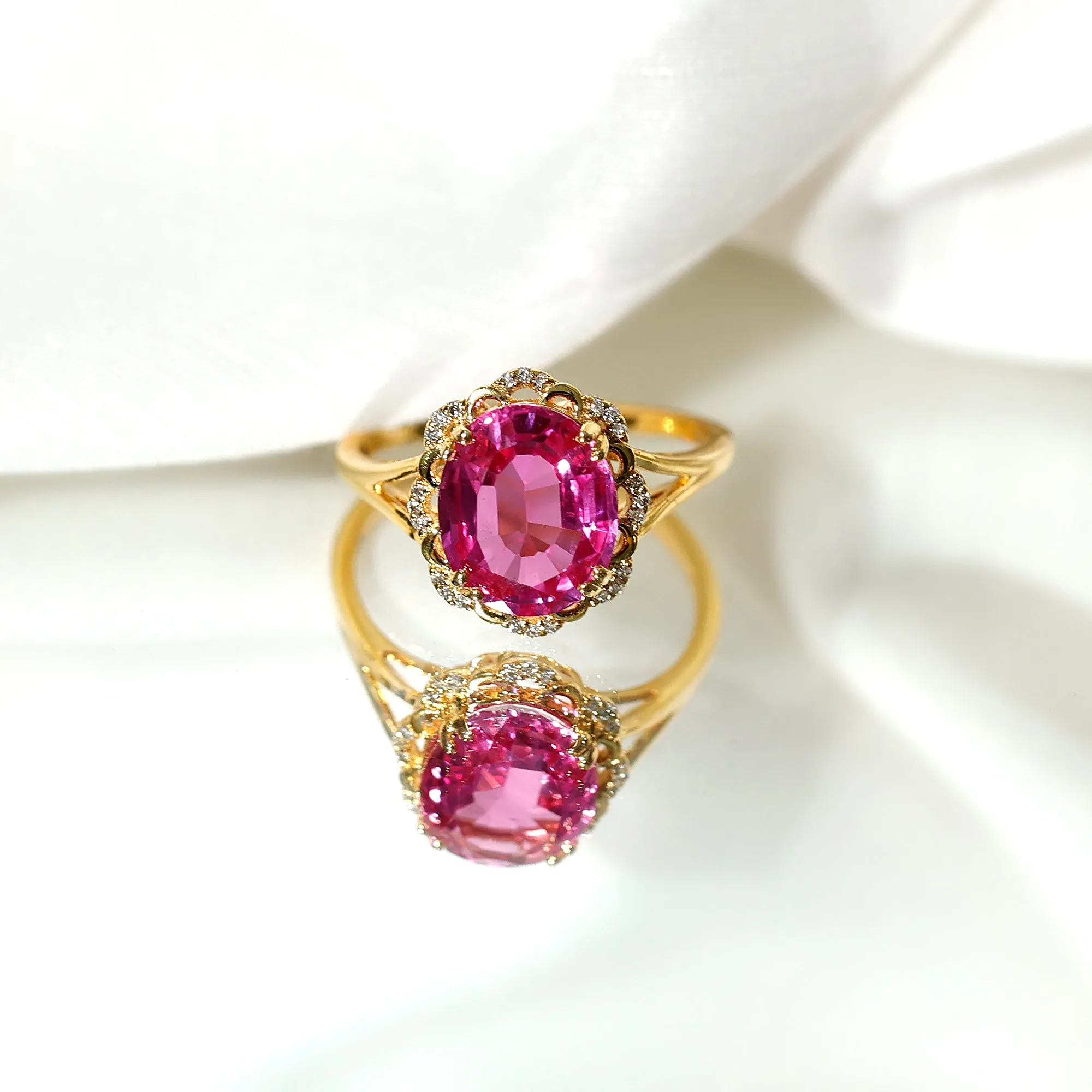 Oval Created Pink Sapphire Split Shank Engagement Ring with Diamond