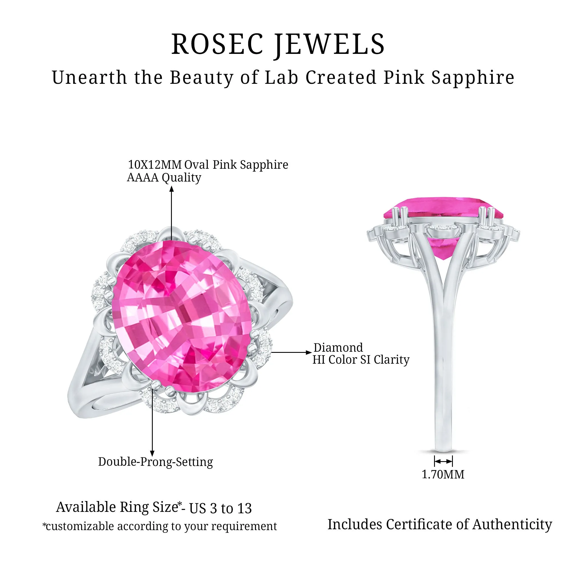 Oval Created Pink Sapphire Split Shank Engagement Ring with Diamond