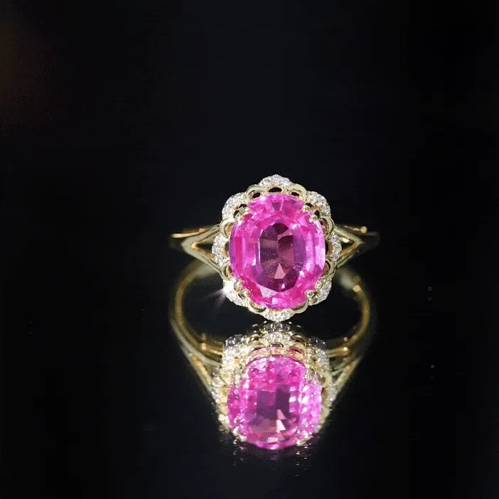 Oval Created Pink Sapphire Split Shank Engagement Ring with Diamond