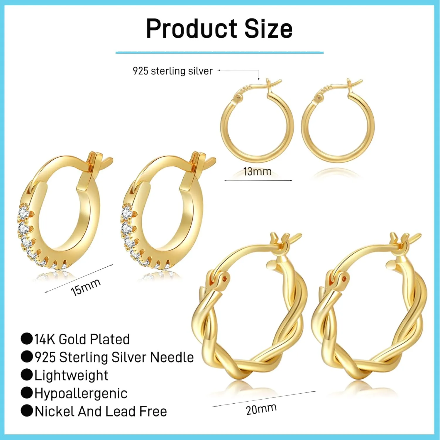 PABBEU Gold Hoop Earrings for Women Sterling Silver Post Small Gold Hoop Earrings 14k Real Gold Tiny Hypoallergenic Small Hoop Earrings Set for Women Men 13/15 /20mm