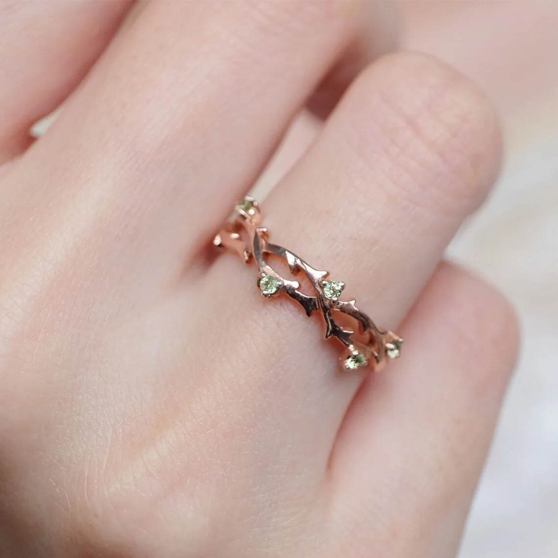 Peridot Leaf Wedding Band  - 14k Rose Gold Vermeil Wedding Band
