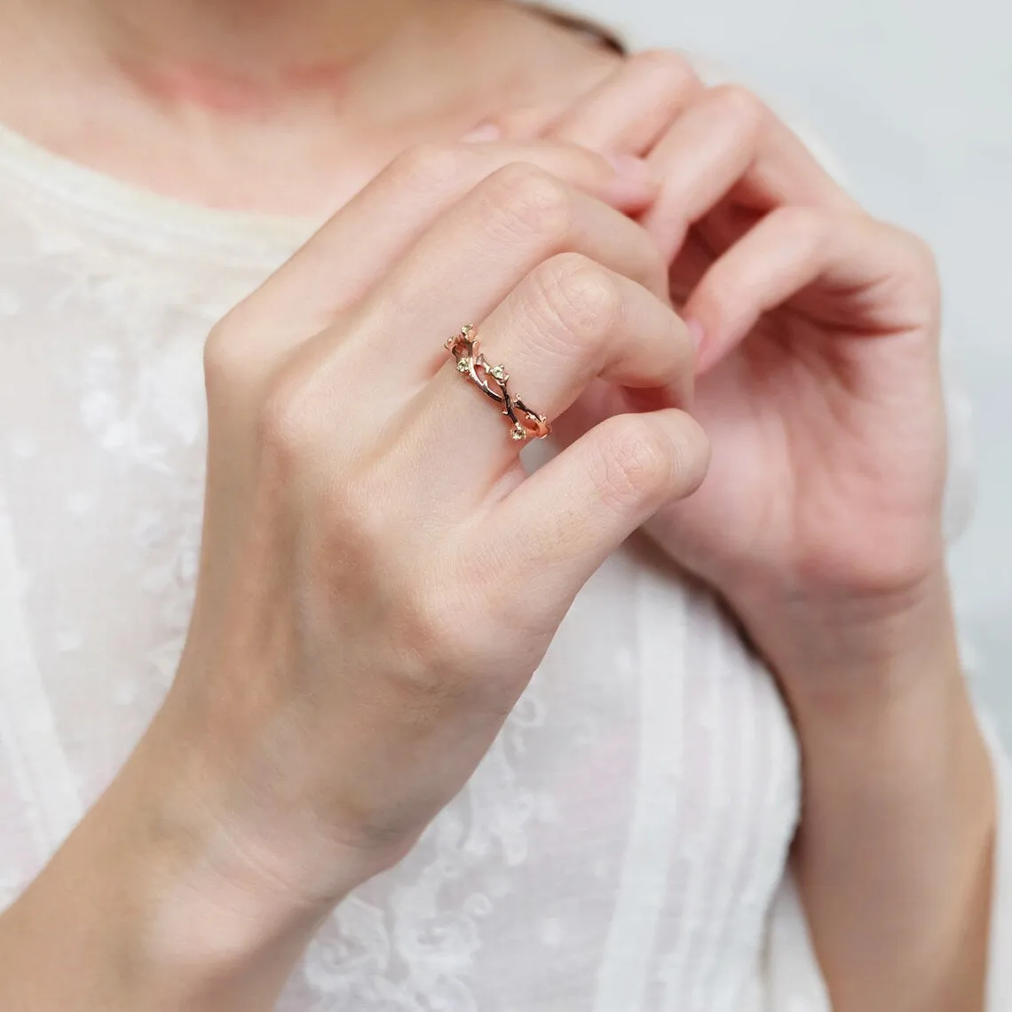 Peridot Leaf Wedding Band  - 14k Rose Gold Vermeil Wedding Band