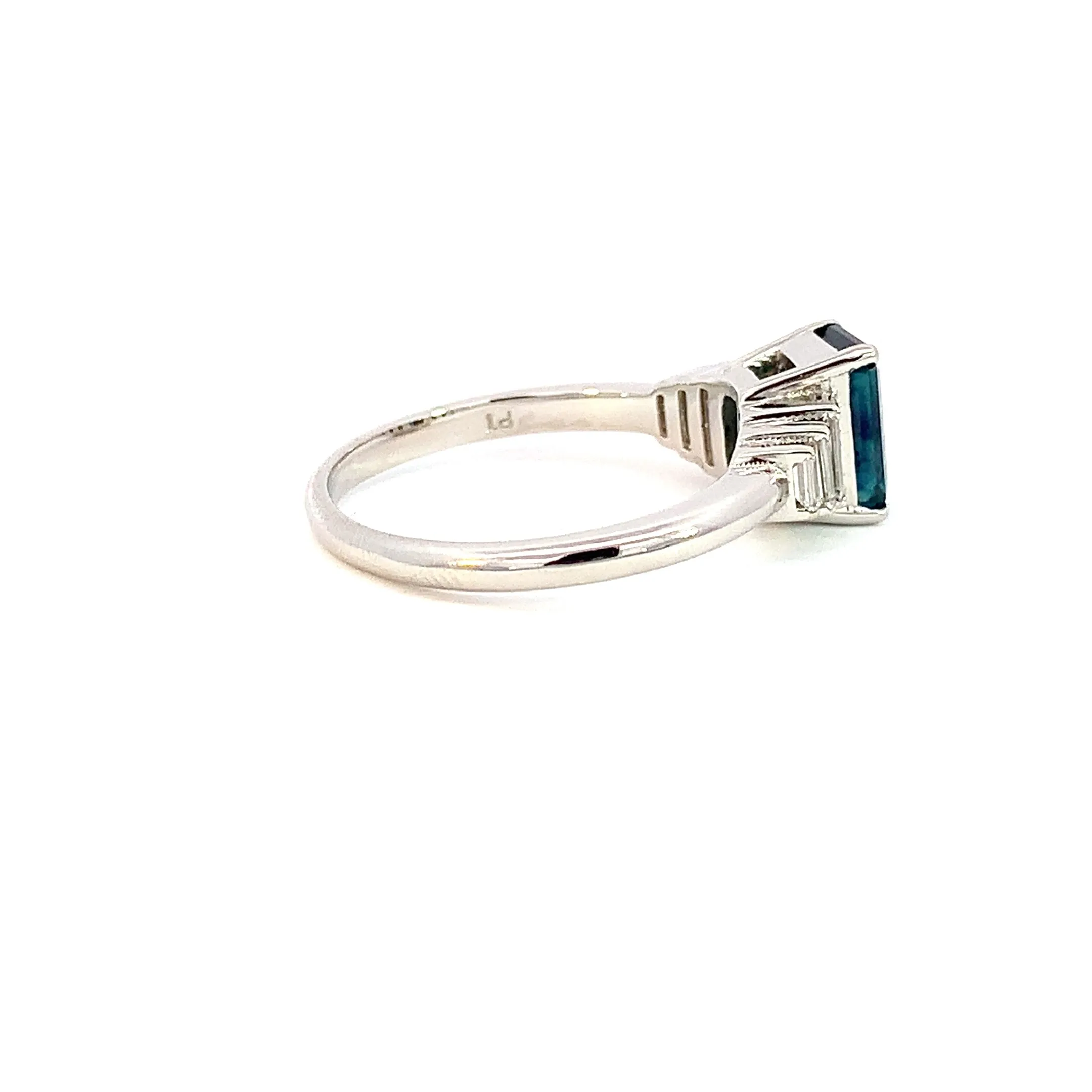 Platinum Radiant cut Teal sapphire and diamond ring