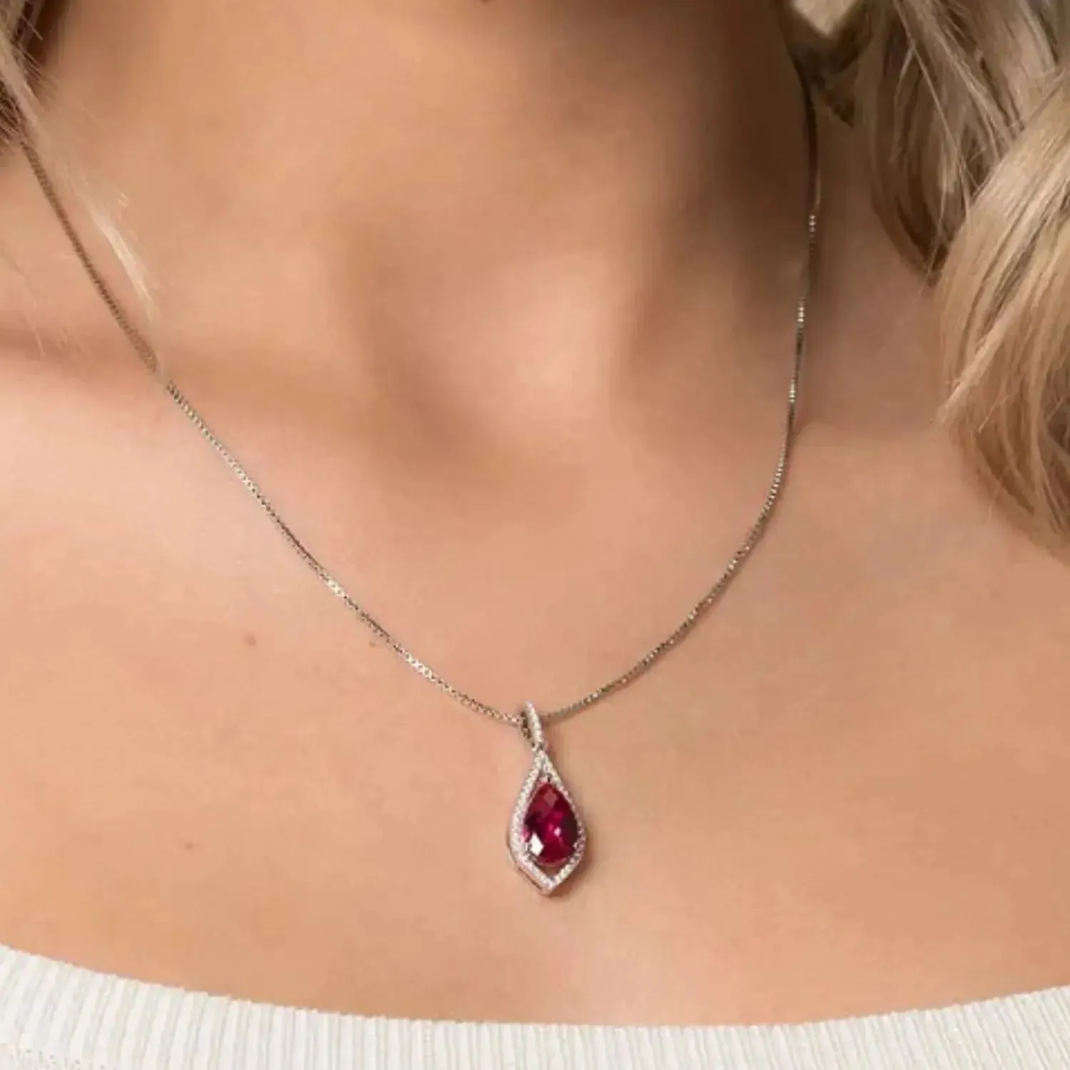 Ruby Pear Shape Designer Pendant Necklace in Sterling Silver