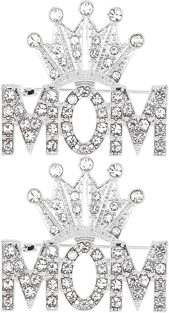 SUPERFINDINGS 2Pcs Mom Rhinestone Brooches Mother's Day Pin Brooch Crown Rhinestones Brooches Pins Silver Crown with Mom Brooch Pin Initial Letter Brooch Pin for Mothers Day Backpack Clothes