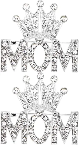 SUPERFINDINGS 2Pcs Mom Rhinestone Brooches Mother's Day Pin Brooch Crown Rhinestones Brooches Pins Silver Crown with Mom Brooch Pin Initial Letter Brooch Pin for Mothers Day Backpack Clothes