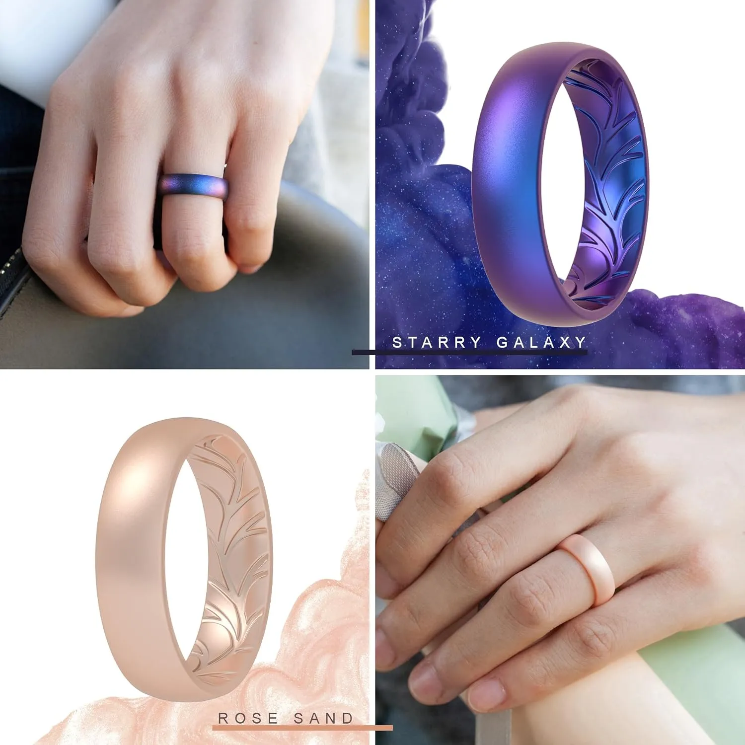 ThunderFit Women Silicone Wedding Bands, Breathable Leaf Cross Pattern Rubber Engagement Rings 5.5mm Wide 1.6mm Thick - 1/4 Variety Multipack