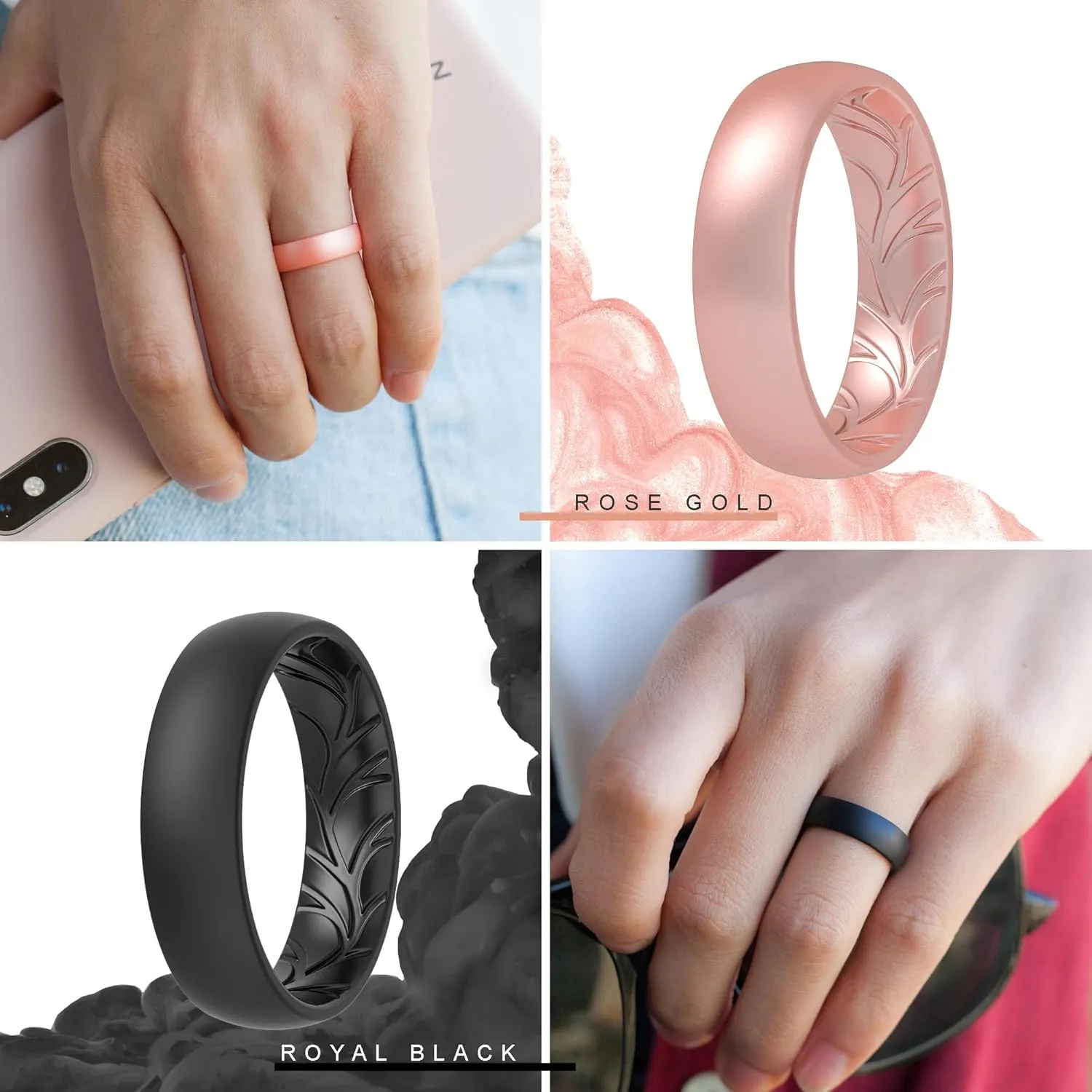 ThunderFit Women Silicone Wedding Bands, Breathable Leaf Cross Pattern Rubber Engagement Rings 5.5mm Wide 1.6mm Thick - 1/4 Variety Multipack