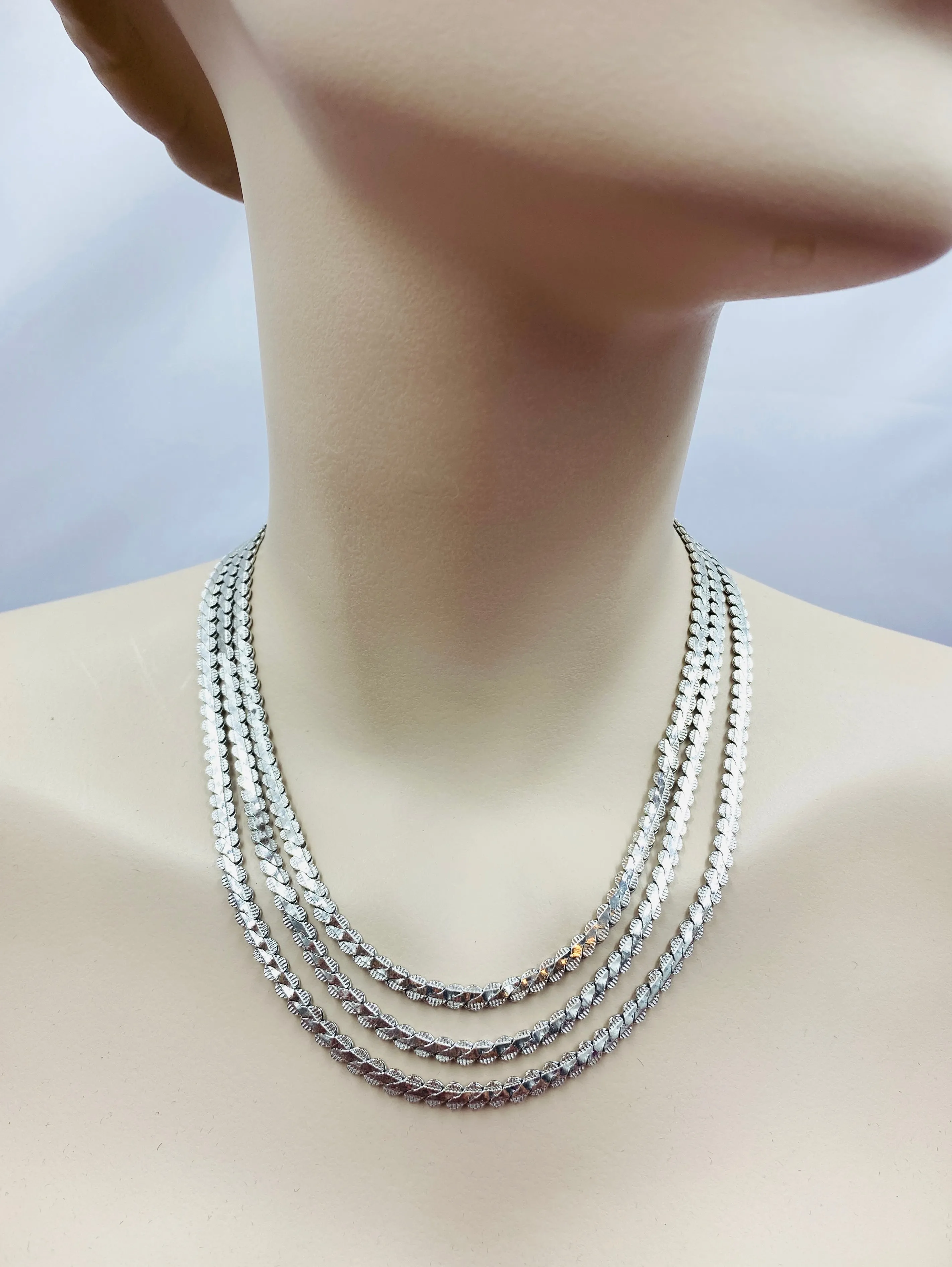 Vintage 3 Strand Flat Silver Chain Necklace