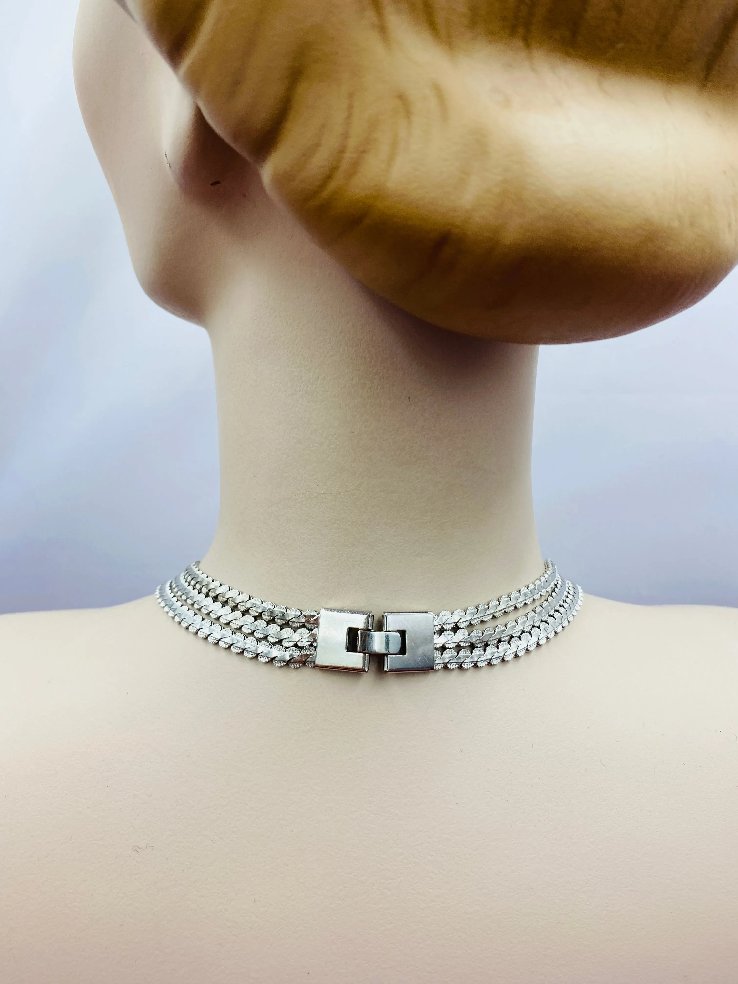 Vintage 3 Strand Flat Silver Chain Necklace