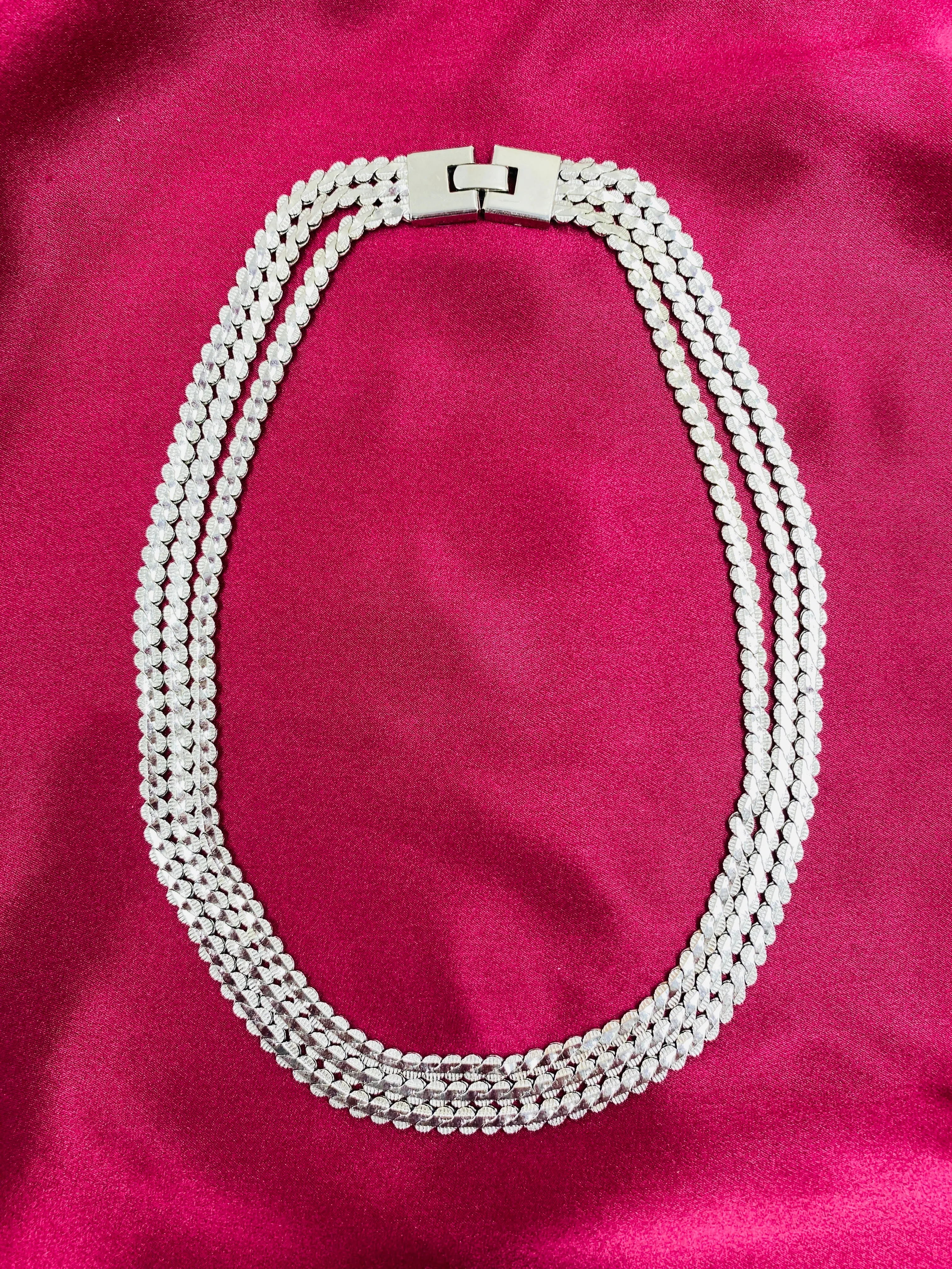 Vintage 3 Strand Flat Silver Chain Necklace