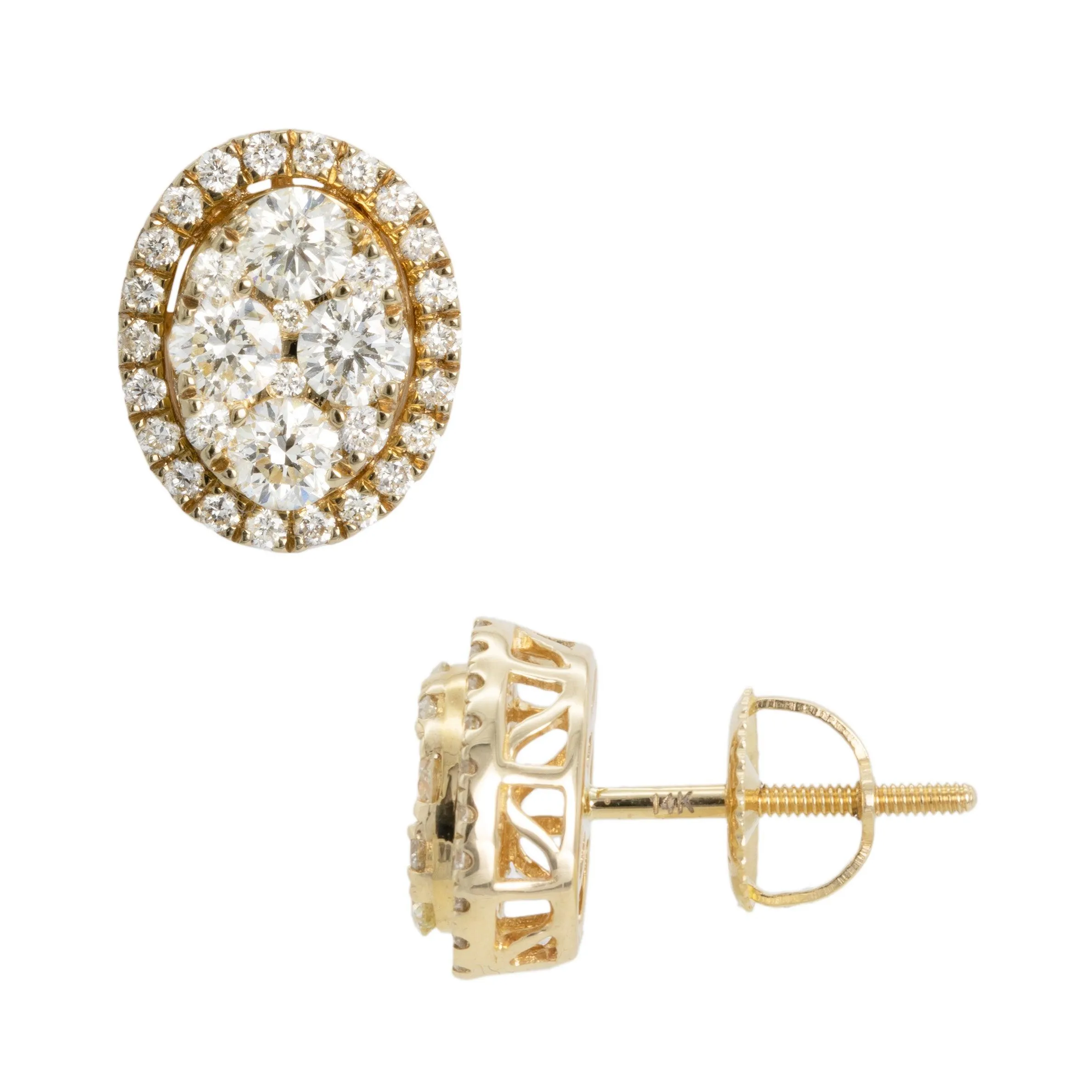 Women's Oval Halo Cluster Diamond Stud Earrings 1.15ct 14K Yellow Gold
